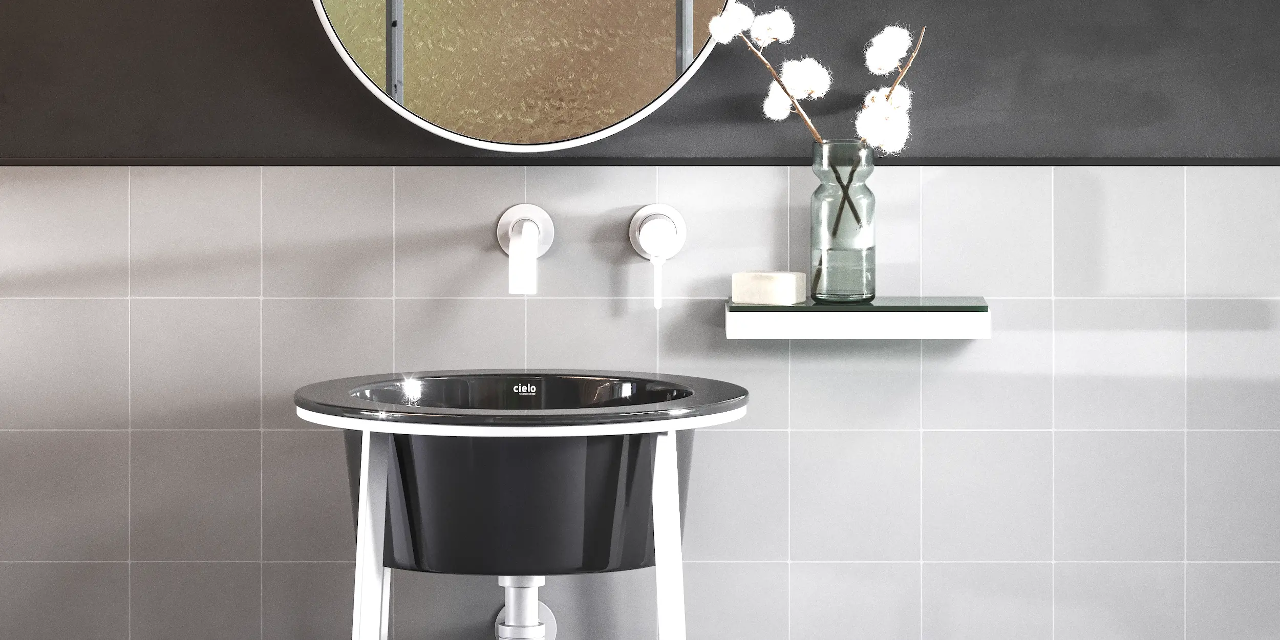 Badwand Zement Weiß Natur Badezimmerwand mit halbhoch verlegten weißen Zementfliesen in Naturoptik