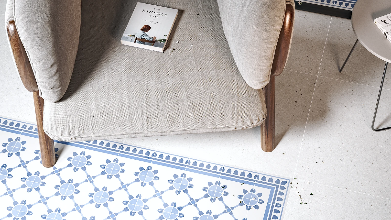 Fliesenboden für Badezimmer in Weiß und Blau