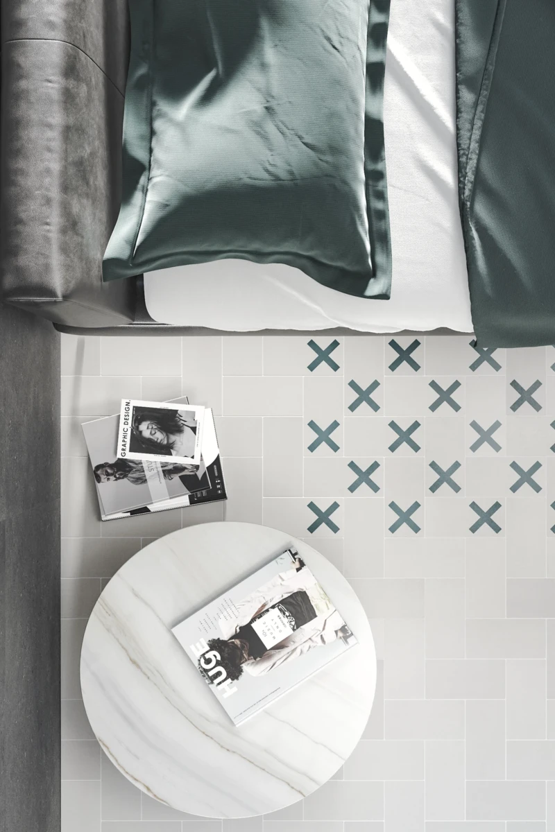 Innenbodenbelag aus weißem Zement mit geometrischem Design in Grün