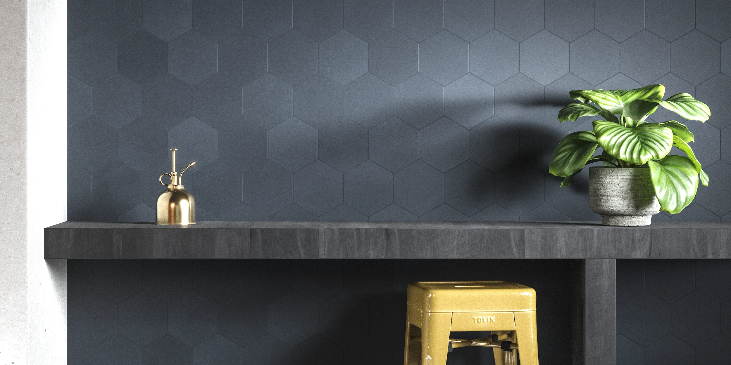 Kobaltblaue Industrieküche Küchenrückwand mit kobaltblauen Hexagonale Fliesen in urbanem Design