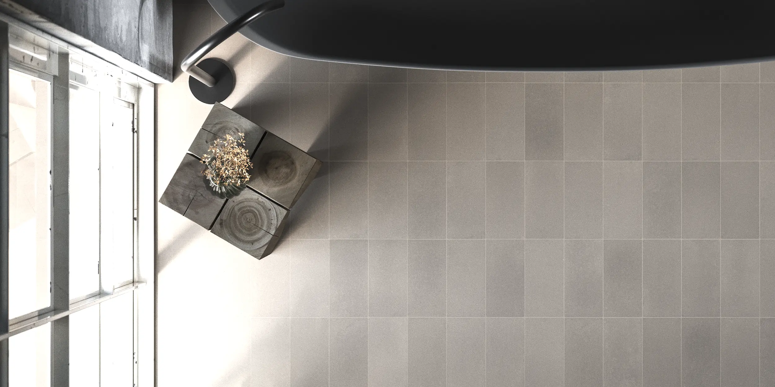 Sichtbeton RAW Fliesen Sandbeige Sichtbetonfliesen der RAW-Kollektion in einem modernen Badezimmer-Design